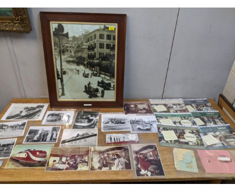 A framed and glazed photographic reproduction print of a view of the Monaco Grand Prix circa 1933, various unframed photograp