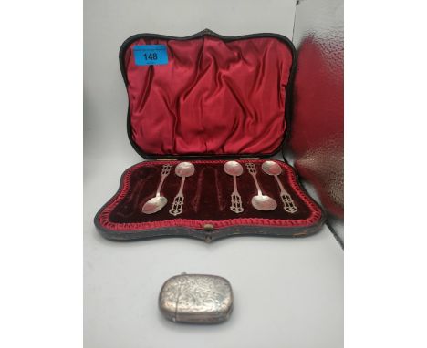 An incomplete set of silver spoons and an early 20th century silver vesta case. Birmingham 1901, 66.8gLocation: 10:3 