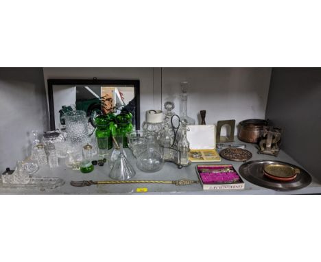 A quantity of cut table glass, mixed metalware, and a framed pub mirror depicting a vintage car, to include a Whitefriars tex