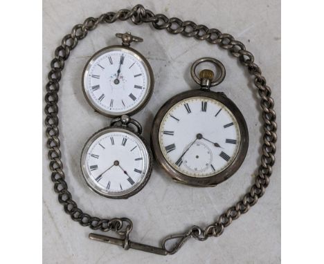 An early 20th century silver pocket watch together with two silver fob watches and a silver chainLocation: 