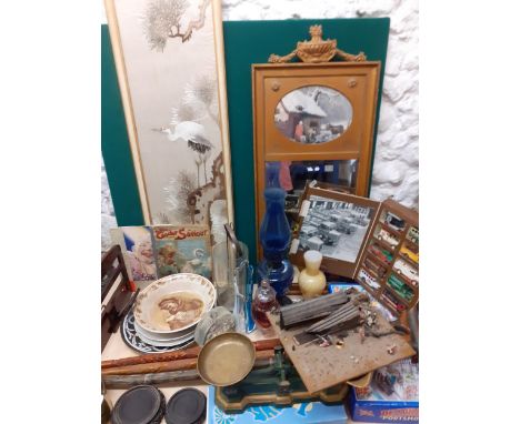 A mixed lot to include a decorative pier style mirror, 3 vintage walking sticks, vintage kitchen scales, 2 Chinese carved sta