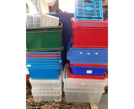 A group of 20+ plastic storage boxes together with one wooden box in the vintage style.Location:SR 