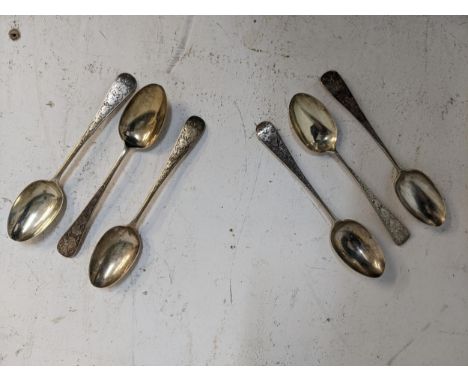 A matched set of six Victorian silver spoons with engraved decoration and initials, London 1885 and 1889, marks for George Ma