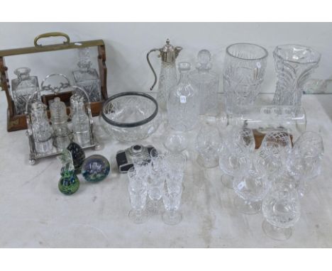 A mixed lot to include silver plated condiment cruet set, Mdina seahorse paperweight and one other, a vintage Agfa camera, tw