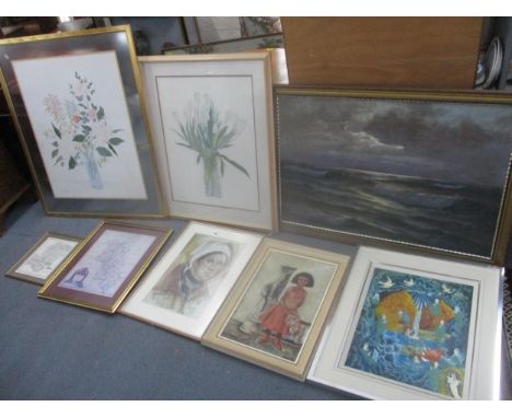Mixed pictures to include an oil on canvas seascape, indistinctly signed, together with an Abigail Sarah oil painting, two An
