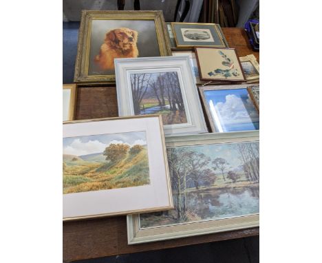 A mixed lot of pictures to include a Stephen Bishop, oil on canvas, signed and dated depicting a sitting dog along with a fra