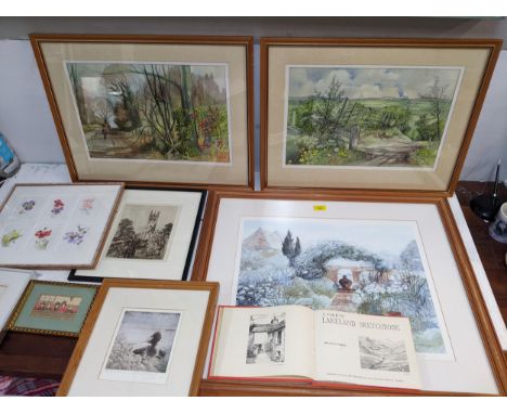 Pictures to include Gladys Crook a pair of watercolours, Angela Fielder print, Jenny Hepburn watercolours of flowers, Sarah V