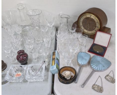 A mixed lot to include two silver decanter labels, 25g, along with glassware to include a decanter, crystal cut glass vase an