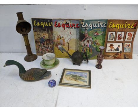 Collectables to include 1940s, Esquire magazine, a brass students lamp, a painted model duck, a pewter tea pot, a glass vase,