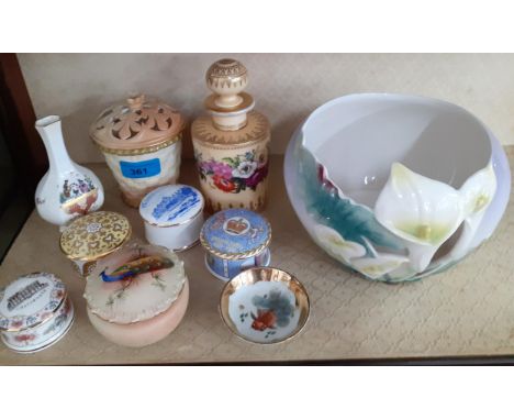A quantity of decorative ornaments to include a Worcester pot with pierced top A/F, a Worcester Lock & Co dressing table pot 