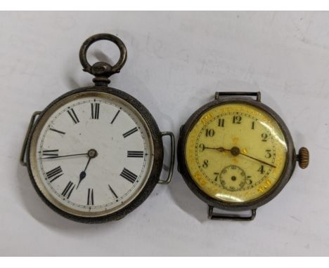 Two silver cased wrist watches, trench watches, Tate Victorian fob watch converted to a wristwatch hallmarked Birmingham 1884