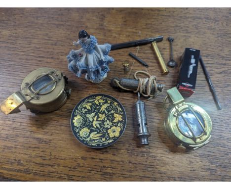 A mixed lot to include a stamped 1943 Mk III compass, and one other, ARP and a Boy Scout's whistle, and silver items to inclu