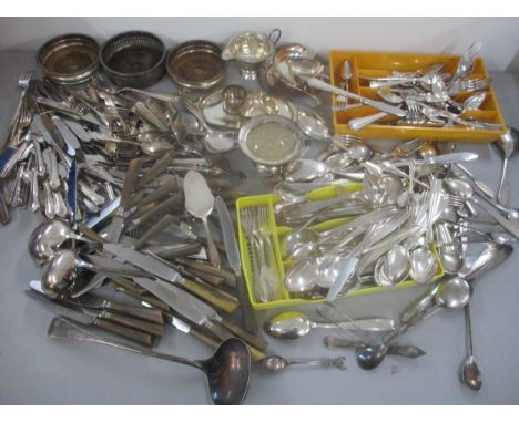 A large selection of silver plated cutlery, together with wine coasters, posy vase and other items Location: 