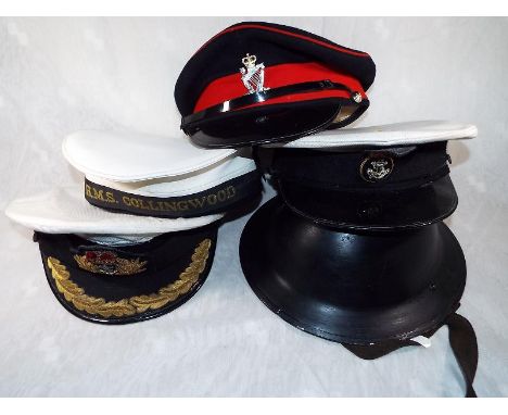 Five Royal Naval / Militaria peaked caps and tin helmet (5)