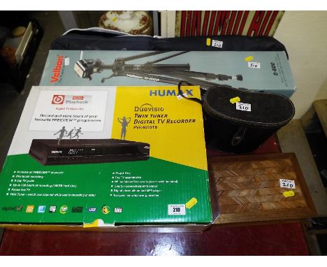A Humax digital TV recorder, tripod stand, binoculars, wooden box and similar (qty)