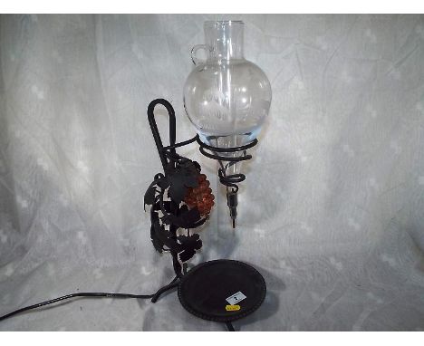 A table lamp with unusual etched glass dome and funnel, 50cm (h)