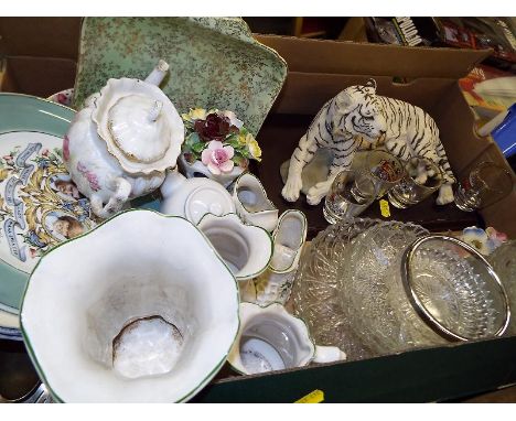 A good mixed lot to include figurine on plinth of a tiger, ceramic tableware, glassware and similar