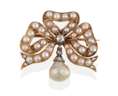 A Victorian Pearl and Diamond Bow Brooch, a central rose cut diamond to a split pearl set bow and suspending a large pearl wi