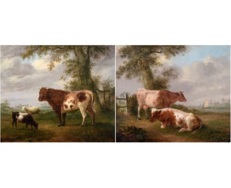 George Vincent (1796-1831) Cattle at rest in a river landscape Oil on panel, together with a companion, 23.5cm by 28cm (2)  s