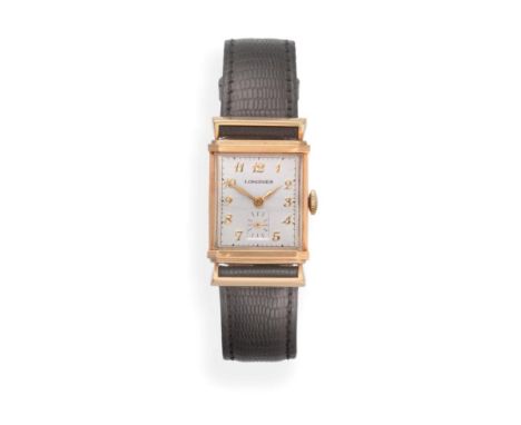A 14ct Gold Rectangular Wristwatch with Unusual Shaped Lugs, signed Longines, circa 1950, (calibre 9L) lever movement signed 