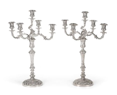 A Pair of Elkington Electroplated Five Light Candelabra, date code for 1849 and design registration lozenge for 22nd November
