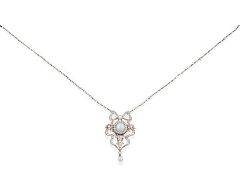 A Belle Epoque Pearl and Diamond Brooch/Pendant, on Chain, a button pearl within a grain set diamond ribbon frame, with a pea