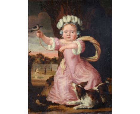 Follower of Cesar Boetius van Everdingen (c.1606-1678) Dutch Portrait of a young child wearing a pink dress and a plumed hat,