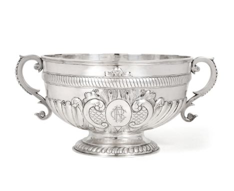 A George V Silver Twin Handled Punch Bowl, Goldsmiths &amp; Silversmiths, London 1911, part spirally fluted and with upper gi