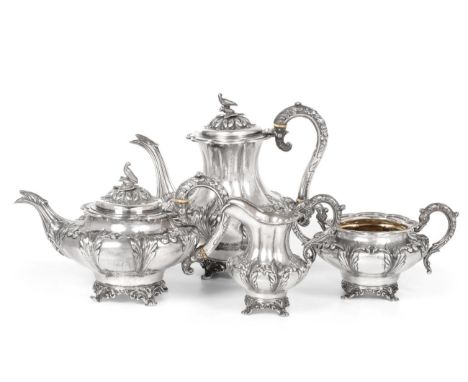 A William IV Silver Four Piece Tea and Coffee Service, Hayne &amp; Cater, London 1837, squat circular melon fluted form with 