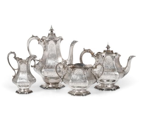 A Victorian Silver Four Piece Tea and Coffee Service, Messrs Barnard, London 1847, of hexagonal baluster form in the Gothic R