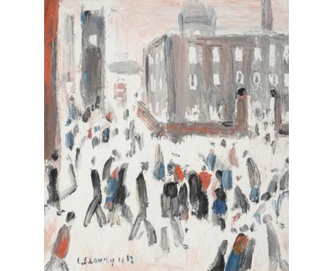 Laurence Stephen Lowry RA (1887-1976) Street scene, factory gates Signed and dated 1962, oil on board, 17cm by 15cm Provenanc