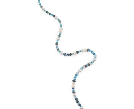 A Multi-Gemstone and Cultured Pearl Necklace, faceted and round beads of blue opal, apatite, labradorite and white topaz spac