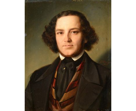 Attributed to Louis Ammy Blanc (1810-1885) German  Portrait of a man, wearing a white shirt with black tie with a colourful w