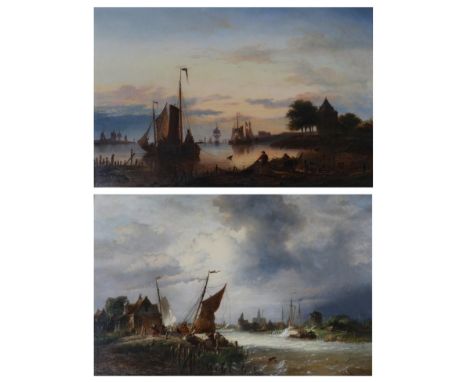 Dutch School (19th century) Fishermen hauling in nets at dusk  Indistinctly signed, oil on panel, together with a further oil