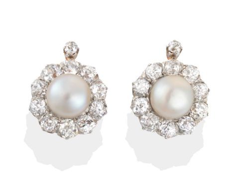 A Pair of Cultured Pearl and Diamond Cluster Earrings, button pearls within borders of old cut diamonds, from diamond studs, 