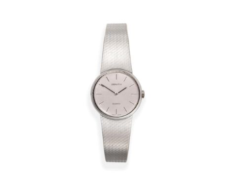 A Lady's 18ct White Gold Wristwatch, signed Zenith, circa 1985, quartz movement, silvered dial with baton markers, snap-on ba