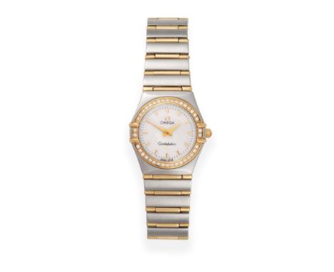 A Lady's Steel and Gold Diamond Set Wristwatch, signed Omega, model: Constellation, circa 2010, quartz movement, mother-of-pe