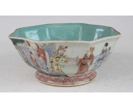 A Chinese 19th century stoneware footed octagonal table bowl, the interior monochrome turquoise decorated, the exterior ename