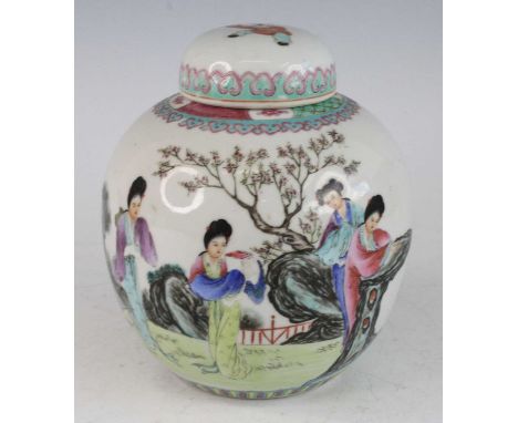 A Chinese Tongzhi period (1861-1875) glazed stoneware ginger jar and cover, of typical bulbous form, the enamel and painted d