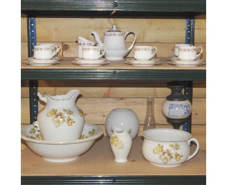 A Royal Albert Belinda pattern tea service, together with an oil lamp, wash jug and bowl