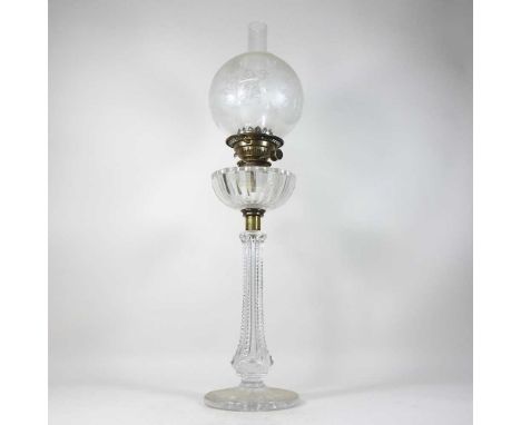 A 19th century glass oil lamp, with a glass shade, 73cm high overallCondition report: The glass base appears to be intact, bu