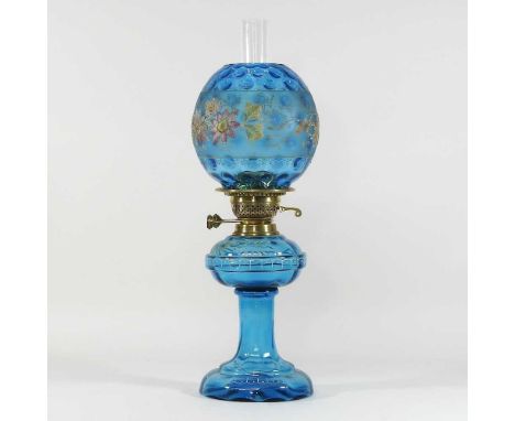 A 19th century blue glass and painted oil lamp, with a blue glass shade, 48cm high overallCondition report: Overall condition