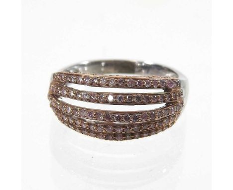 A 9 carat gold pink diamond ring, set with five graduated rows, 4.6g, size Q, boxed, with certificateCondition report: Comple