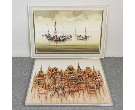 Jorge Aguilar-Agon b1936, fishing boats, signed, oil on canvas, 59 x 90cm, together with Craig, Ceramic City, signed, acrylic