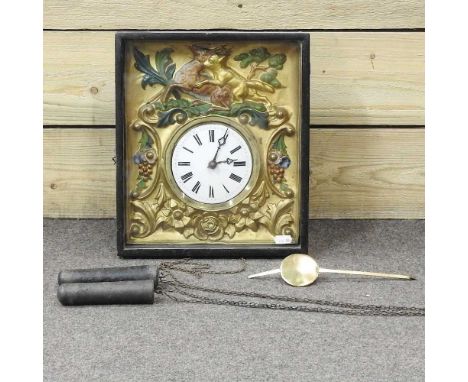 A 19th century Danish wall clock, the pressed metal dial decorated with a fox and a deer, having a white enamel dial and twin