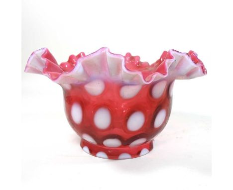 A ruby and white opaque glass oil lamp shade, in the manner of Fenton, with a frilled rim, 12.5cm highCondition report: Overa