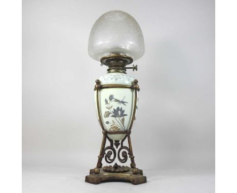 An 19th century opaline and brass oil lamp, with Hinks patent and glass shade, 56cm highCondition report: Overall looks to be