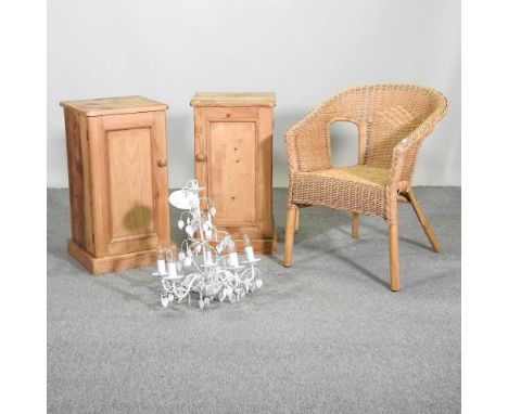 A pair of antique pine bedside cabinets, 39cm, together with a wicker chair and a chandelier (4)