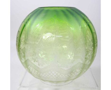 A green and clear glass oil lamp shade, finely etched with flowers, 19cm highCondition report: Overall condition looks to be 