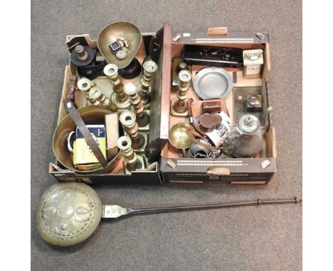 A 19th century brass carriage clock, together with other items, to include a box iron dated 1840, a Dutch brass warming pan, 